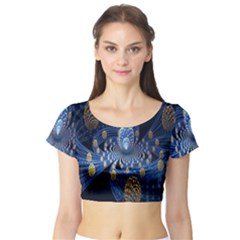 Fractal Balls Flying Ultra Space Circle Round Line Light Blue Sky Gold Short Sleeve Crop Top (tight Fit) by Mariart