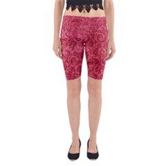 Red Romantic Flower Pattern Yoga Cropped Leggings by Ivana