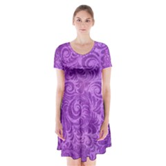 Purple Romantic Flower Pattern Denim Short Sleeve V-neck Flare Dress by Ivana
