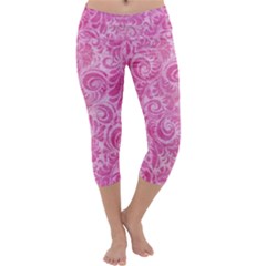 Pink Romantic Flower Pattern Denim Capri Yoga Leggings by Ivana