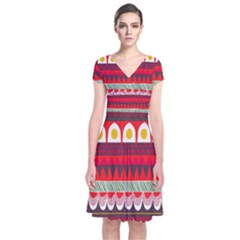 Fabric Aztec Red Line Polka Circle Wave Chevron Star Short Sleeve Front Wrap Dress by Mariart