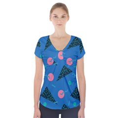 Seamless Triangle Circle Blue Waves Pink Short Sleeve Front Detail Top by Mariart