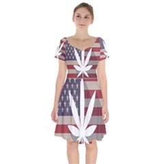 Flag American Star Blue Line White Red Marijuana Leaf Short Sleeve Bardot Dress by Mariart