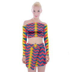 Lllustration Geometric Red Blue Yellow Chevron Wave Line Off Shoulder Top With Skirt Set by Mariart
