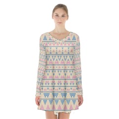 Blue And Pink Tribal Pattern Long Sleeve Velvet V-neck Dress by berwies
