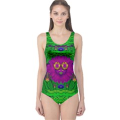 Summer Flower Girl With Pandas Dancing In The Green One Piece Swimsuit