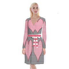Heart Stripes Symbol Striped Long Sleeve Velvet Front Wrap Dress