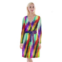 Colorful Abstract Paint Splats Background Long Sleeve Velvet Front Wrap Dress