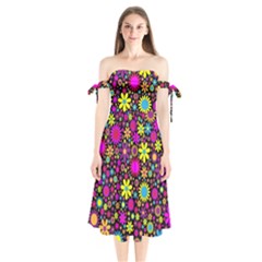 Bright And Busy Floral Wallpaper Background Shoulder Tie Bardot Midi Dress by Nexatart