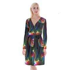 Abstract Rainbow Twirls Long Sleeve Velvet Front Wrap Dress