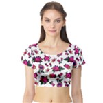 Crown Red Flower Floral Calm Rose Sunflower White Short Sleeve Crop Top (Tight Fit)