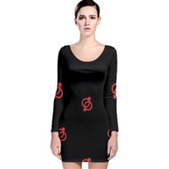 Seamless Pattern With Symbol Sex Men Women Black Background Glowing Red Black Sign Long Sleeve Velvet Bodycon Dress by Mariart