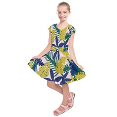 Tropics Leaf Yellow Green Blue Kids  Short Sleeve Dress