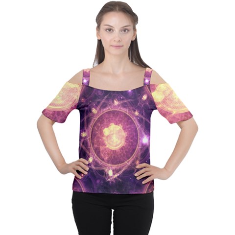 A Gold And Royal Purple Fractal Map Of The Stars Women s Cutout Shoulder Tee by jayaprime