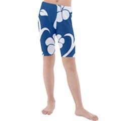 Blue Hawaiian Flower Floral Kids  Mid Length Swim Shorts by Mariart