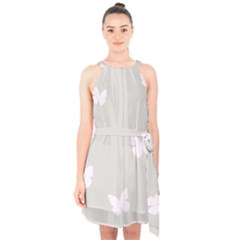 Butterfly Silhouette Organic Prints Linen Metallic Synthetic Wall Pink Halter Collar Waist Tie Chiffon Dress