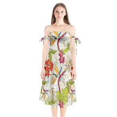 Flower Floral Red Green Tropical Shoulder Tie Bardot Midi Dress by Mariart