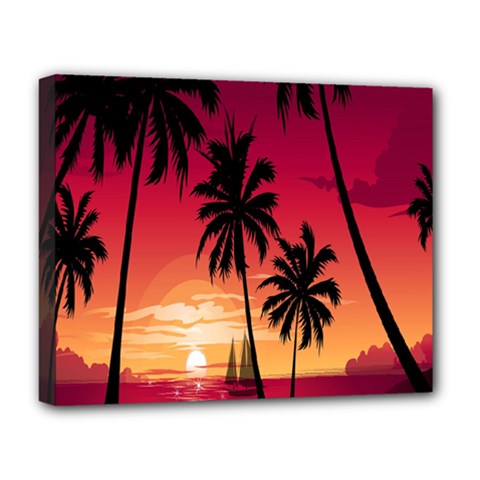 Nature Palm Trees Beach Sea Boat Sun Font Sunset Fabric Deluxe Canvas 20  X 16   by Mariart