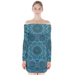 Wood And Stars In The Blue Pop Art Long Sleeve Off Shoulder Dress by pepitasart