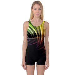 Colorful Abstract Fantasy Modern Green Gold Purple Light Black Line One Piece Boyleg Swimsuit by Mariart