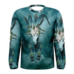 The Billy Goat  Skull With Feathers And Flowers Men s Long Sleeve Tee by FantasyWorld7