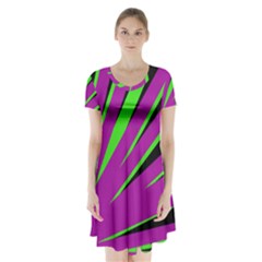 Rays Light Chevron Purple Green Black Short Sleeve V-neck Flare Dress by Mariart