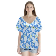 Hibiscus Flowers Seamless Blue Flutter Sleeve Top by Mariart