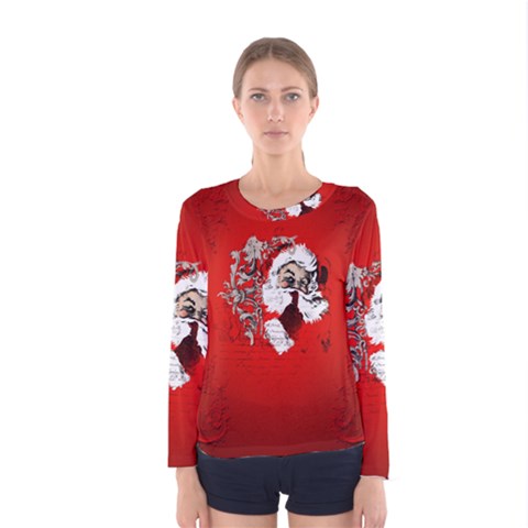 Funny Santa Claus  On Red Background Women s Long Sleeve Tee by FantasyWorld7