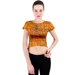 Vector Seamless Pattern With Spider Web On Orange Crew Neck Crop Top by BangZart