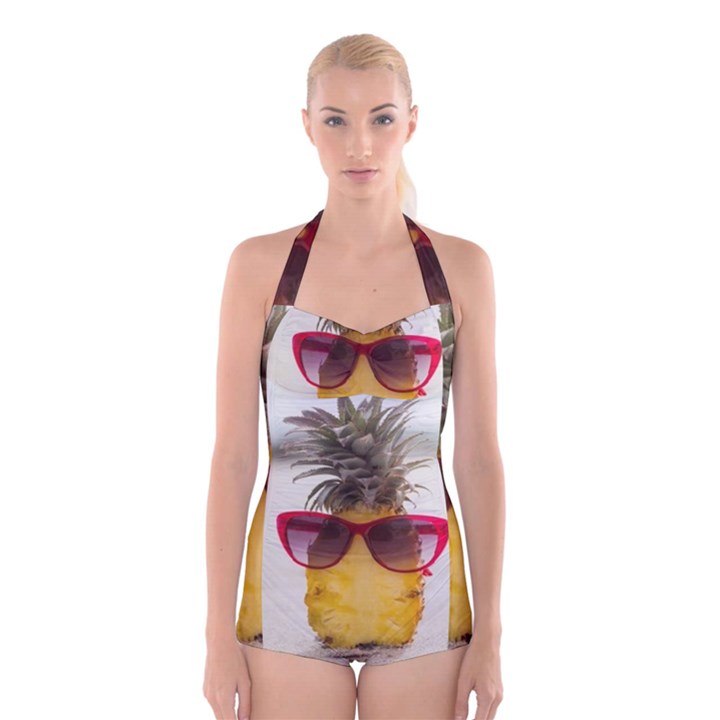 Pineapple With Sunglasses Boyleg Halter Swimsuit 