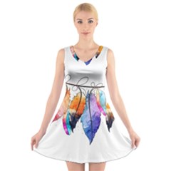 Watercolor Feathers V-neck Sleeveless Skater Dress by LimeGreenFlamingo