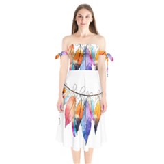 Watercolor Feathers Shoulder Tie Bardot Midi Dress