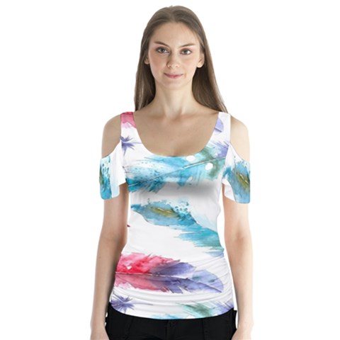 Watercolor Feather Background Butterfly Sleeve Cutout Tee  by LimeGreenFlamingo