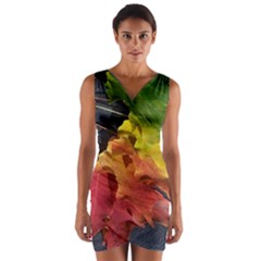 Green Yellow Red Maple Leaf Wrap Front Bodycon Dress