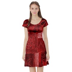 Red Background Patchwork Flowers Short Sleeve Skater Dress by BangZart
