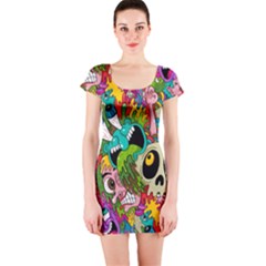 Crazy Illustrations & Funky Monster Pattern Short Sleeve Bodycon Dress by BangZart