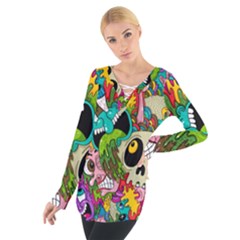 Crazy Illustrations & Funky Monster Pattern Women s Tie Up Tee