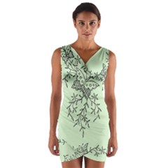 Illustration Of Butterflies And Flowers Ornament On Green Background Wrap Front Bodycon Dress