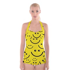 Digitally Created Yellow Happy Smile  Face Wallpaper Boyleg Halter Swimsuit  by BangZart