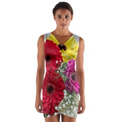 Flowers Gerbera Floral Spring Wrap Front Bodycon Dress