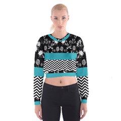 Flowers Turquoise Pattern Floral Cropped Sweatshirt by BangZart
