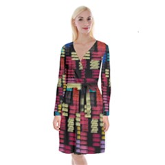 Colorful Horizontal Paint Strokes                             Long Sleeve Velvet Front Wrap Dress by LalyLauraFLM