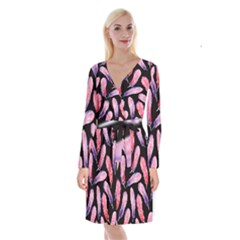 Watercolor Pattern With Feathers Long Sleeve Velvet Front Wrap Dress by BangZart