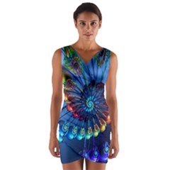 Top Peacock Feathers Wrap Front Bodycon Dress