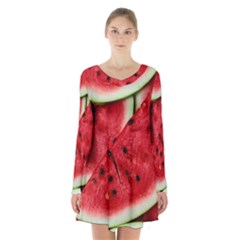 Fresh Watermelon Slices Texture Long Sleeve Velvet V-neck Dress by BangZart