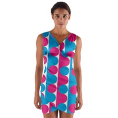 Pink And Bluedots Pattern Wrap Front Bodycon Dress