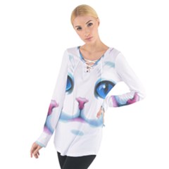 Cute White Cat Blue Eyes Face Tie Up Tee