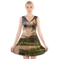 Landscape V-neck Sleeveless Skater Dress by Valentinaart