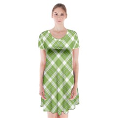 Green And White Diagonal Plaid Short Sleeve V-neck Flare Dress