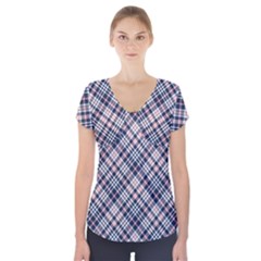 Navy And Pink Diagonal Plaid Short Sleeve Front Detail Top